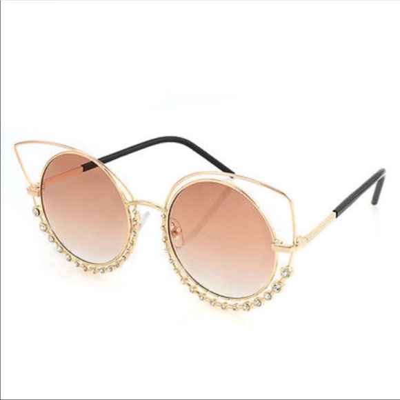 GOLD Rhinestone Geometric point Round Sunglasses - Picture 2 of 8